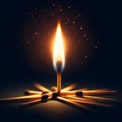 Single Matchstick Burning Brightly with Sparks