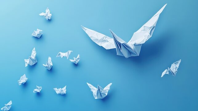 Creative concept with evolution of crumpled paper becoming origami crane, symbol of progress and transformation on blue background.