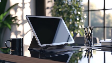 A sleek iPad mockup sits on a glass desk with trendy stationery and a coffee mug