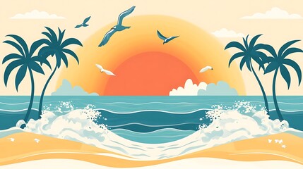 Obraz premium A flat color vector illustration of a sunny beach scene with palm trees, ocean waves, and seagulls flying in the sky, in simple shapes and vibrant colors 
