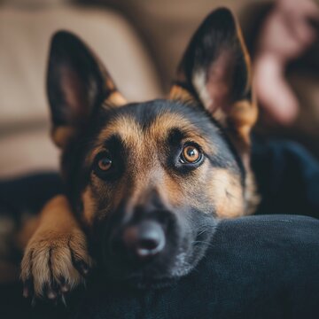 A German Shepherd rests its head gently, eyes full of soulful and tender expression that captivates the viewer.
