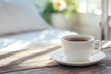 A white cup of coffee sits invitingly, bathed in soft, warm morning light on a wooden table.