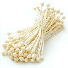 A bunch of fresh, white enoki mushrooms.