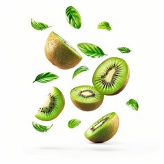 Fototapeta premium Fresh kiwi slices with leaves