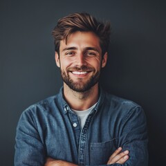 Fototapeta premium A man smiles warmly in front of a plain dark background, exuding approachability and friendliness through his expressions.