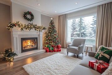 Cozy Christmas living room featuring an elegant fireplace, green and red present boxes under the tree, a fluffy white rug, and warm lighting.