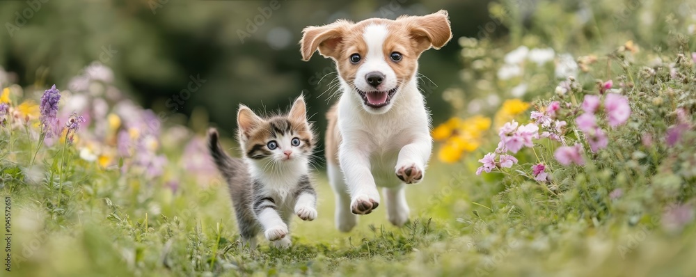 Wall mural playful puppy and kitten sprinting through a lush meadow, colorful flowers around them, capturing a 