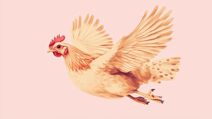 Graceful hen in mid-flight against pink background, showcasing feather detail and motion.