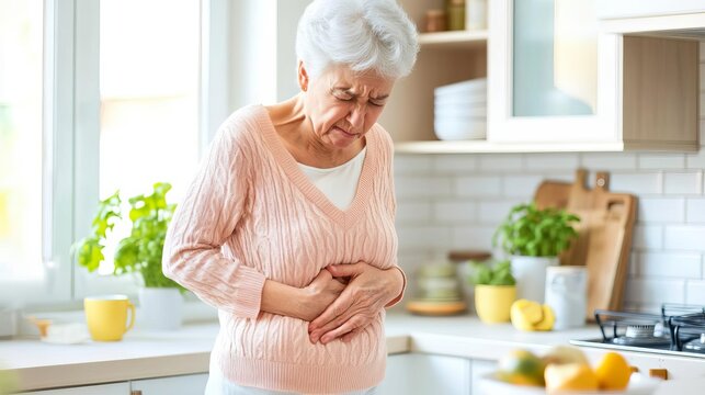 Senior woman in a kitchen, bending over slightly, hand on stomach, pain expression, Elderly abdominal discomfort, daily life struggles