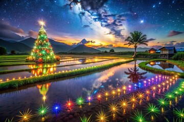 Obraz premium Captivating Christmas Lights Over Rice Fields: A Magical Holiday Scene