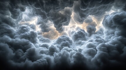 Dramatic view of dark, ominous clouds with a hint of light peeking through from above.