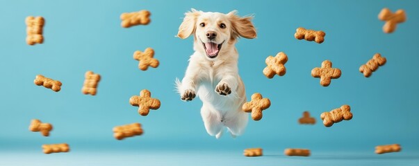 Happy puppy in mid-jump, surrounded by floating dog biscuits, dynamic action shot with a bright blue background for pet products
