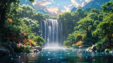 Fototapeta premium Tranquil Waterfall in Lush Tropical Paradise