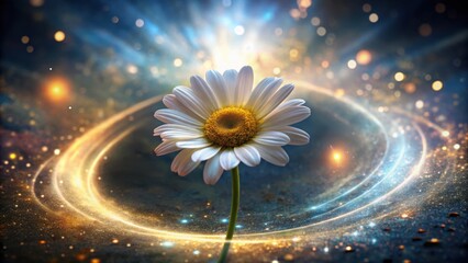 Fototapeta premium A delicate daisy blooms with ethereal beauty amidst swirling light and cosmic dust, illuminating the universe with its delicate presence.