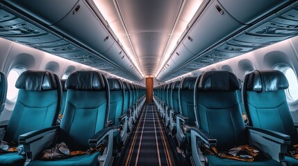 Fototapeta premium Empty airplane cabin with rows of blue seats and a view of the aisle leading to the back of the plane.