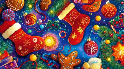 A vibrant holiday clip art illustration with stockings, gingerbread cookies, bells, and holiday lights, arranged in a fun and festive pattern on a bright background 