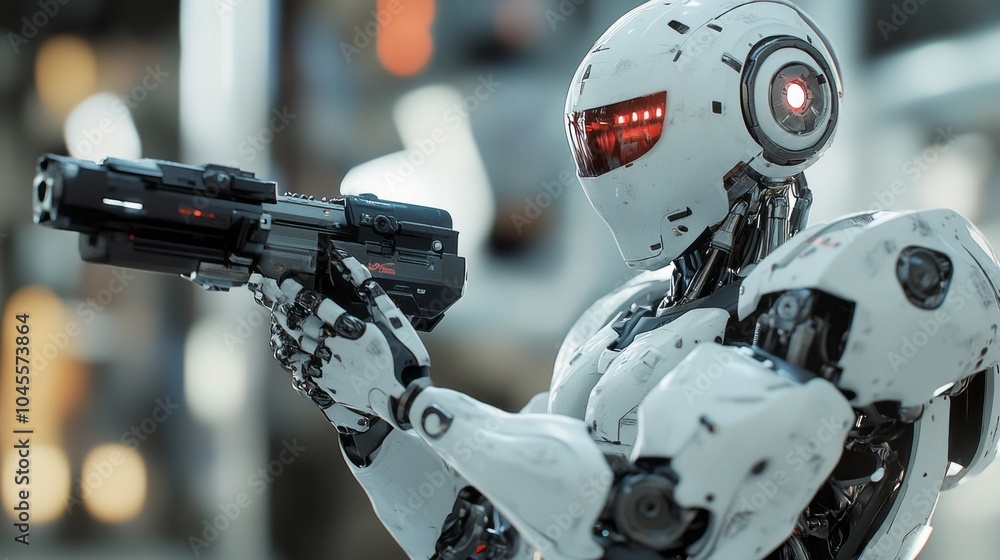 Poster a robot is holding a gun and is standing in a room