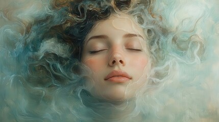 Fototapeta premium serene visage illuminated by soft light eyes closed embodying tranquility and mindfulness surrounded by gentle swirling mist in muted pastels