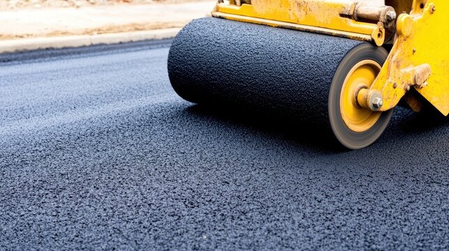 Rolling asphalt on a busy highway construction site in bright daylight showcasing road improvement efforts