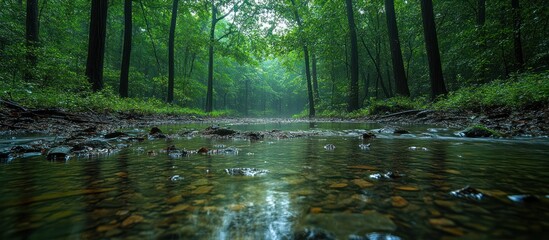 A serene forest scene with a calm stream reflecting the lush greenery.