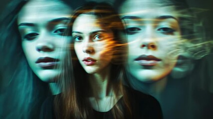 Woman, mental health or depression with blur face in studio for identity crisis, psychotic disorder or bipolar. Video