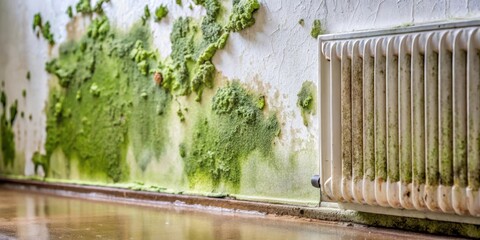 Fototapeta premium A white radiator covered in green mold sits against a wall with a damp and moldy baseboard.