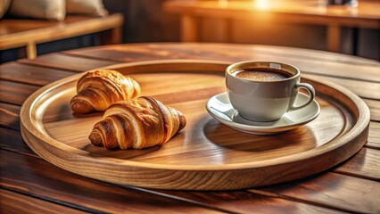 A cup of coffee sits beside two pastries on a wooden tray, capturing the warmth and simplicity of a relaxing morning