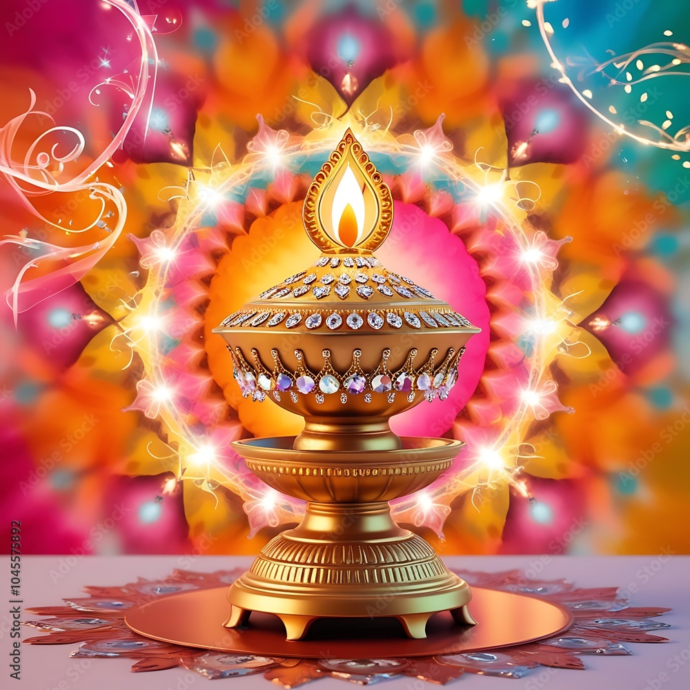 Fototapete diwali deepavali or dipavali in 3d with gold diya on podium with crystals on a color background ai g