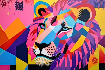 A vibrant Pop art style lion with bold, geometric patterns and neon colors