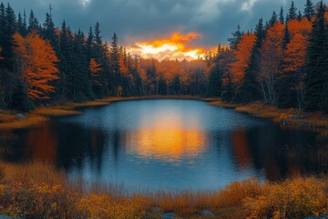Fototapeta premium Serene autumn landscape with a tranquil pond reflecting vibrant fall colors.