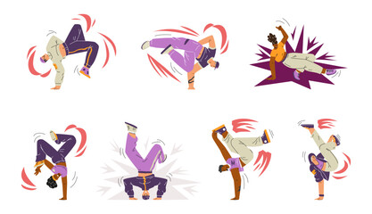 Diverse breakdancers, set of vector illustrations on isolated background.