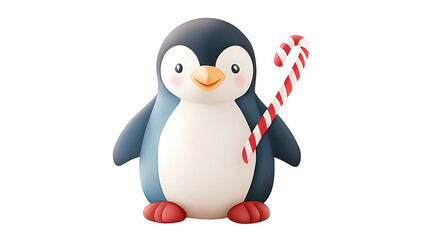 Fototapeta premium Cute penguin holding candy cane, perfect for festive decorations!