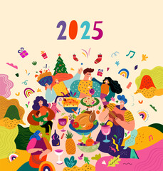 Happy New Year vector illustration. Happy people in a friendly company celebrate the New Year. Traditional holiday dinner in the family circle. Holiday New Year party. Christmas decorative banner 