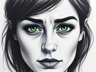 A striking charcoal drawing of a woman with vivid green eyes and expressive features highlighting her emotions and depth