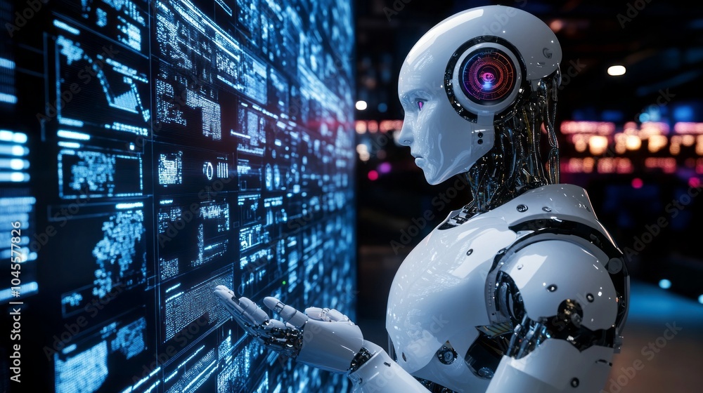 Poster A robot is looking at a computer screen with a map on it
