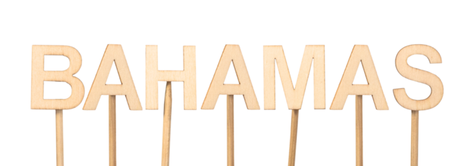 Wooden letters forming the word Bahamas on white or transparent background.