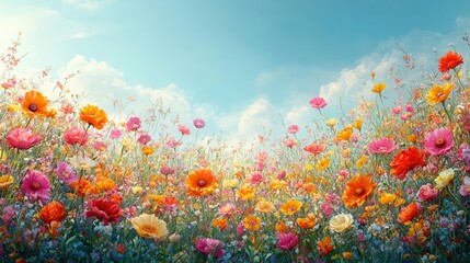 Obraz premium springtime backdrop filled with a vibrant array of blooming flowers vivid colors splashing against a gentle breeze a clear blue sky enhances the cheerful atmosphere of renewal