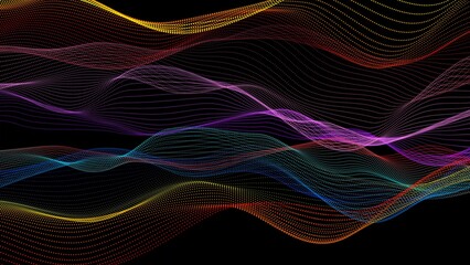 New colorful digital particle line wave on black background vd7