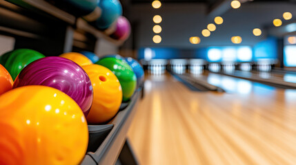 Colorful bowling balls in rack with blurred lanes and pins in the background. Indoor bowling alley with vibrant lighting. Sports and recreation concept