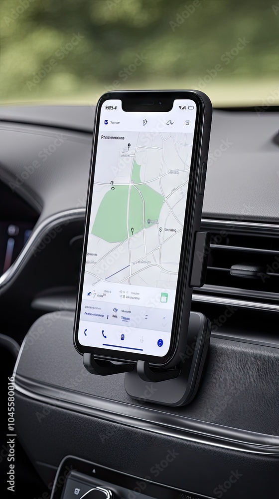 Aufkleber a close-up view of a smartphone displaying a navigation map in a sleek, modern car interior during a