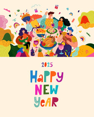 Happy New Year vector illustration. Happy people in a friendly company celebrate the New Year. Traditional holiday dinner in the family circle. Holiday New Year party. Christmas decorative banner 