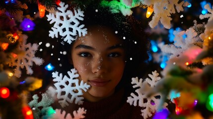 Woman with snowflakes on face