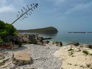 Mother playing with toddler on idyllic pebble beach in Porto Palermo Bay, Vlore, Albania. Calm turquoise Ionian Mediterranean sea, Albanian Riviera. Large agave plant providing shade. Summer vacation