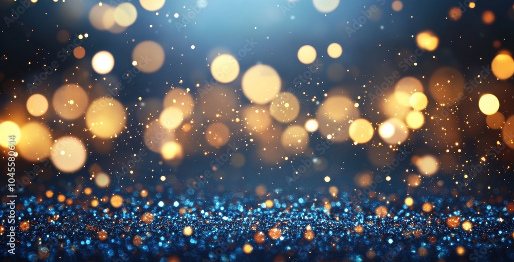 Poster mesmerizing abstract background with blue and gold glitter, featuring bokeh lights that create festi