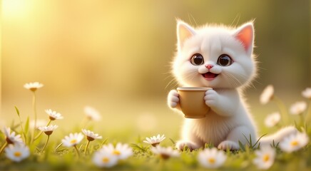 A cute white kitten holds a cup while sitting happily in a field of daisies, basking in warm sunlight.