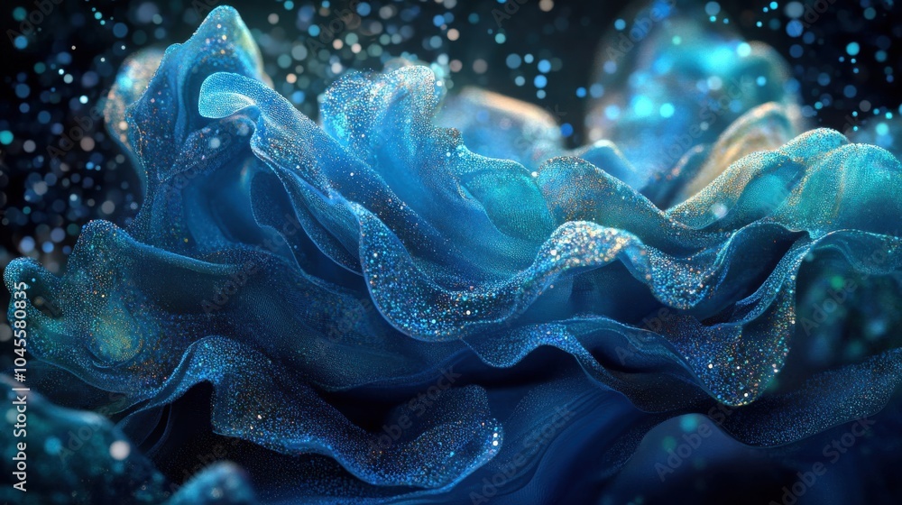 Poster mesmerizing abstract image featuring flowing blue waves with sparkling dots and lines, creating sens