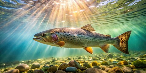 Fototapeta premium A trout swimming through sunlit shallows, its body shimmering with scales as it glides over a bed of smooth river stones.