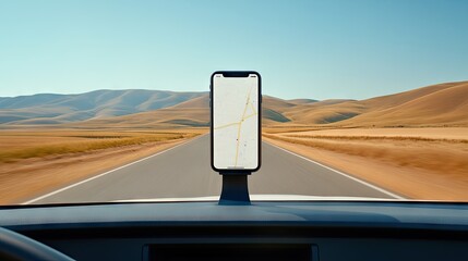 A smartphone guides the way on a long road trip through scenic grasslands in a polished modern car interior