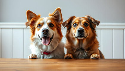 Two dogs behind the table isolated with white highlights, png