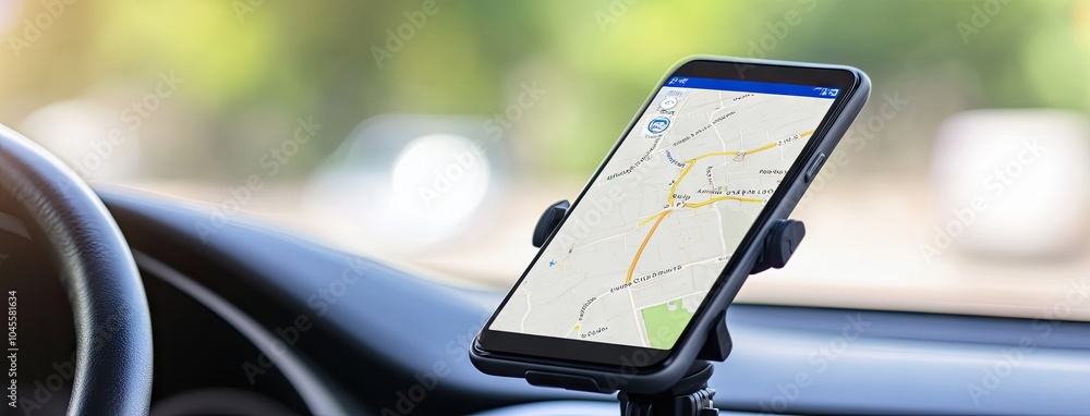 Aufkleber smartphone mounted on car dashboard displaying navigation route in natural daylight with a blurred i